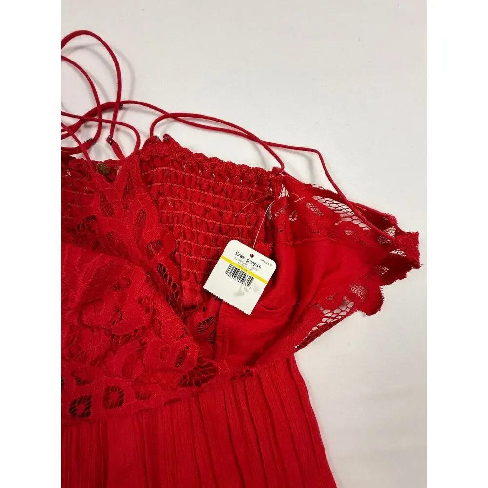 Free People NWT Adella Maxi Slip Dress Sz M Sleeveless Boho Crochet Lace Red - Picture 5 of 12